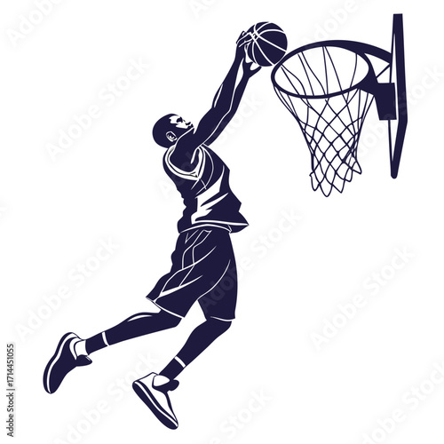 Dynamic silhouette of a basketball player in mid air executing a powerful slam dunk with the ball held high above the hoop against a clean white background