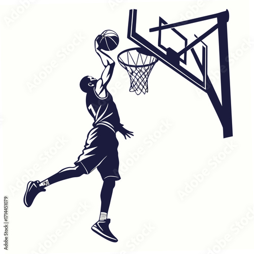 Dynamic silhouette of a basketball player in mid air performing a powerful slam dunk over the hoop with intense focus and athletic prowess captured in a clean graphic style