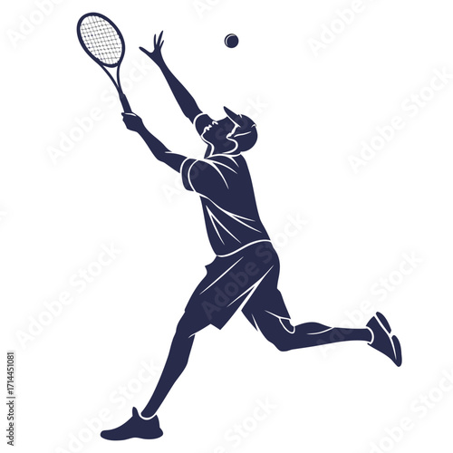 Dynamic silhouette of a tennis player executing a powerful serve with a tennis ball in mid air and racket raised high ready to strike the ball during a match