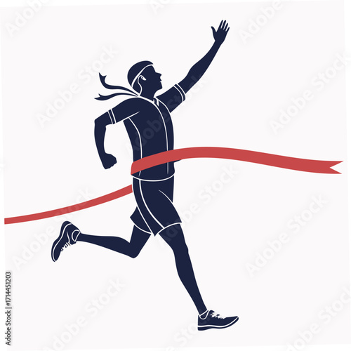 Silhouette of a triumphant runner breaking through a red finish line ribbon with one arm raised in victory and a determined expression symbolizing achievement and success in a race or competition