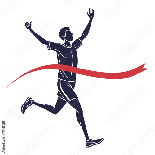 A triumphant male runner breaks through the finish line tape with arms raised in victory and a thumbs up celebrating his successful race completion and athletic achievement