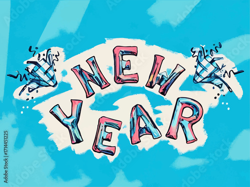 New Year text with firecrackers or glasses stylized as air balloons on the white highlight and light-blue diagonally striped background; a comics styled vector illustration perfect for greeting cards.