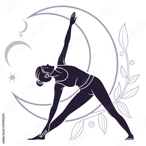 Elegant silhouette of a woman in a triangle yoga pose surrounded by celestial elements like moons and stars with delicate botanical accents symbolizing balance and harmony