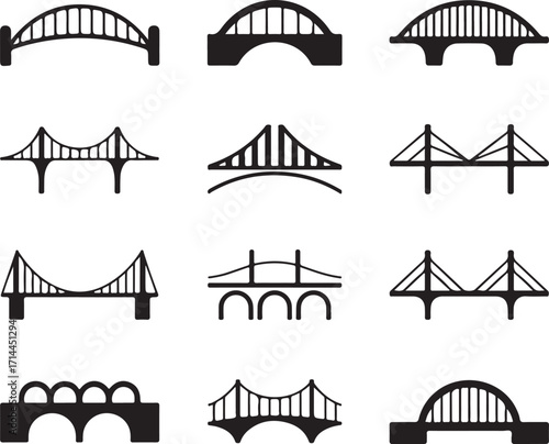 Bridge Icons Vector Set: Architectural Structures for Transportation and Infrastructure