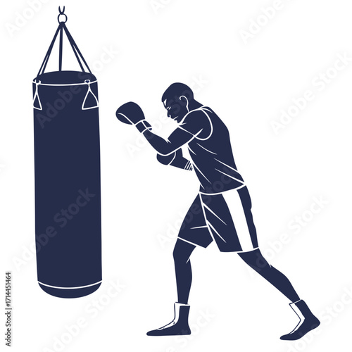 A silhouetted male boxer wearing gloves and shorts intensely training by punching a dark blue heavy bag suspended from a hook against a clean white background