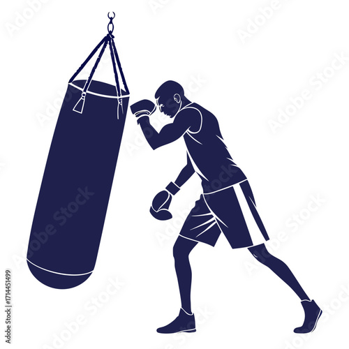 Silhouette of a male boxer in athletic wear and boxing gloves training vigorously with a large punching bag during a workout session focused on strength and endurance development