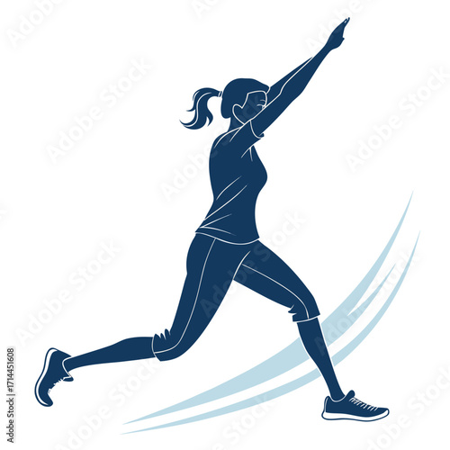 Dynamic silhouette of a fit woman in athletic wear performing a lunging movement with arms extended upward symbolizing strength and graceful exercise