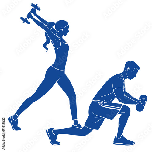 Athletic man and woman performing dumbbell lunges and overhead presses in a dynamic workout silhouette illustration representing fitness and healthy lifestyle
