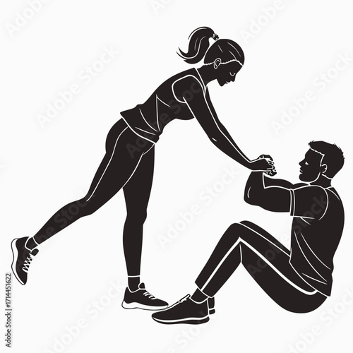 A man performing a sit up exercise with a woman assisting him by holding his hands for support and encouragement during their fitness workout session together