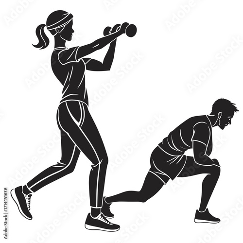 Silhouettes of a woman performing dumbbell exercises and a man doing a lunge stretch illustrating a healthy lifestyle and fitness routine in a clean modern graphic style on a white background