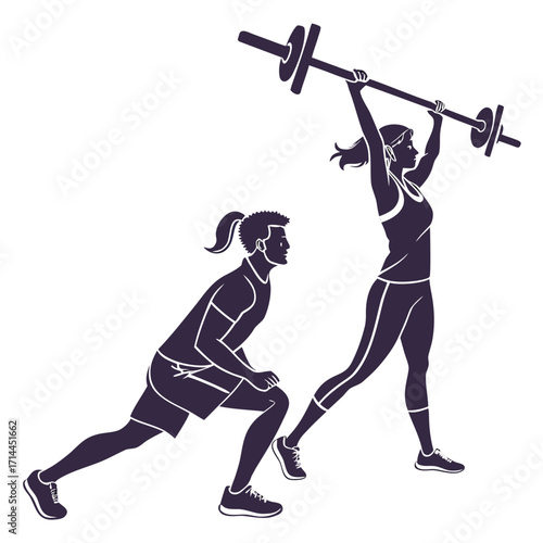 Athletic man and woman performing strength training exercises with a barbell and lunges demonstrating fitness and healthy lifestyle in a stylized silhouette graphic