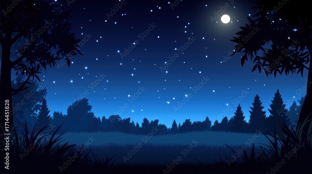 Fototapeta premium Night forest scene with full moon and starry sky.
