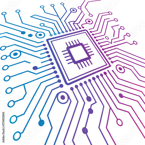 Abstract digital circuit board with a central processor chip and radiating lines in a gradient of blue and purple on a white background representing technology and innovation