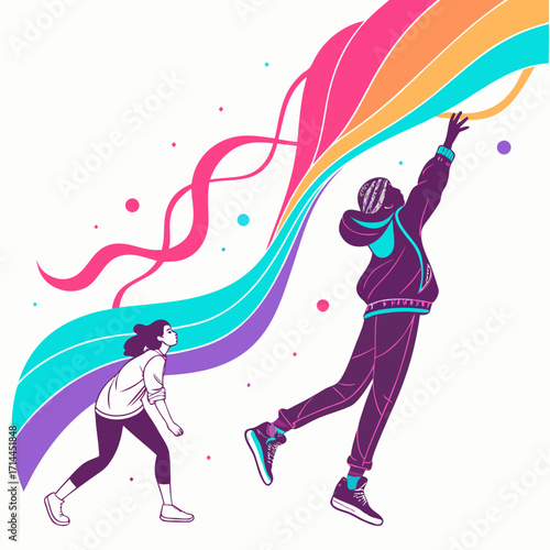 Two diverse individuals reaching for a vibrant rainbow stream of color symbolizing aspiration dreams and the pursuit of goals with energetic movement and joyful expression