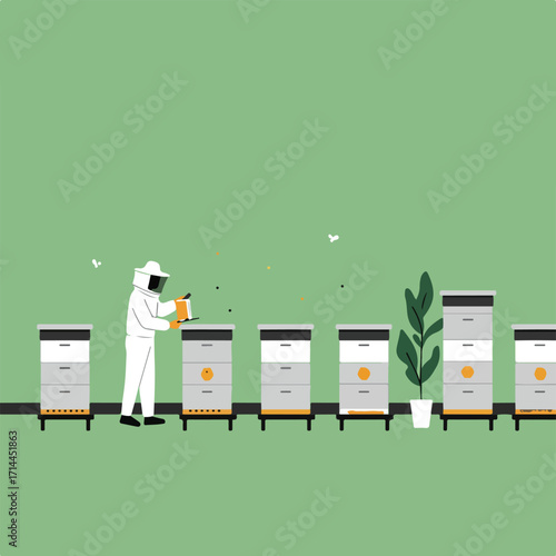 Beekeeper tending hives; hives, a plant, & bees punctuate a soft green background