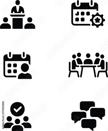 Diverse Business and Management Icon Set Depicting Meetings, Planning, Success, and Communication for Professional and Creative Projects Requiring Visual Aids