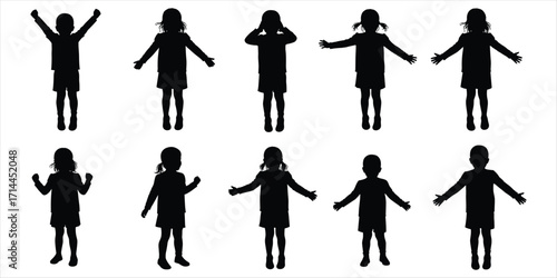 Collection of Black Silhouettes of Children in Various Poses on White Background vector illustration