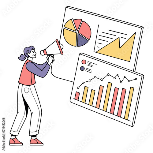 A person with a megaphone announces business growth and analytics data presented on charts and graphs illustrating successful marketing and financial reporting