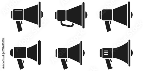 Collection of Six Black Megaphone Icons on White Background bullhorn speaker