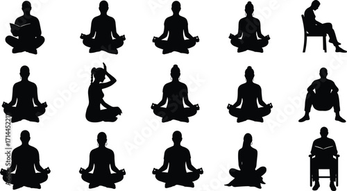 Diverse Silhouettes of People Meditating and Reading on White Background meditation yoga