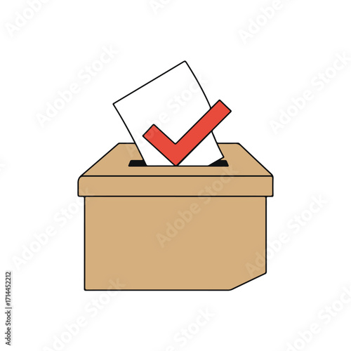 A tan ballot box with a white paper and a red checkmark, illustration, on a white backdrop