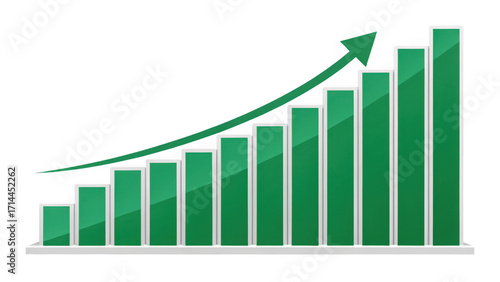 Green bar graph showing upward trend with arrow isolated on transparent background