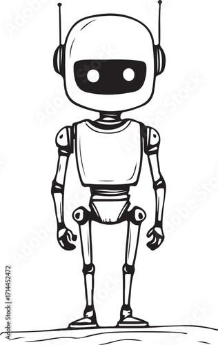 Robot Standing Simple Doodle Sketch Drawing Vector Illustration, Black and White Line Linear Art, Isolated