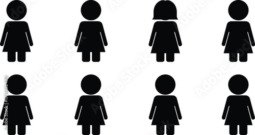 Eight black silhouette icons of female figures in simple dress shapes Keywords: female, woman, girl, person, figure, icon