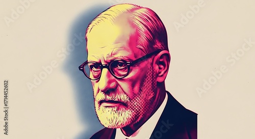Portrait of Sigmund Freud, the father of psychoanalysis, in a stylized, colorful illustration.