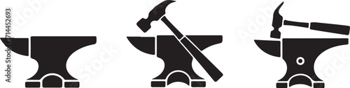 Anvil Icons Set Blacksmith Hammer Metalworking Tool Forge Industry Craft Equipment