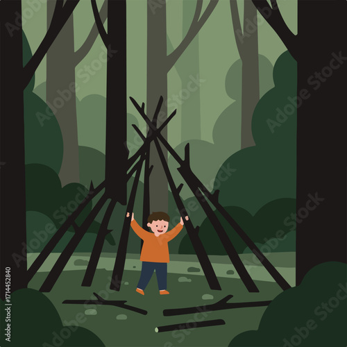 A cartoon depicts a child in a forest near a teepee-like structure of sticks and trees