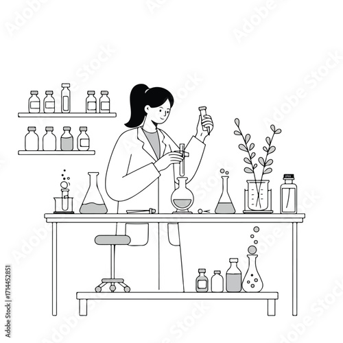 Woman in a lab coat performs a scientific experiment with laboratory equipment illustration