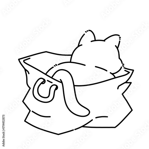 Cute cartoon kitten hiding inside a paper bag in kawaii style illustration isolated on white background. Minimalist cartoon cat line art outline illustration.