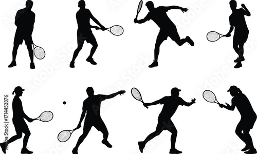 Eight Black Silhouettes of Tennis Players in Action on White Background Keywords: tennis, player, silhouette, action, sport