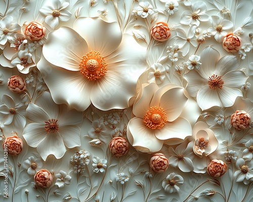 White embossed blossoms arranged in artistic style high resolution photo