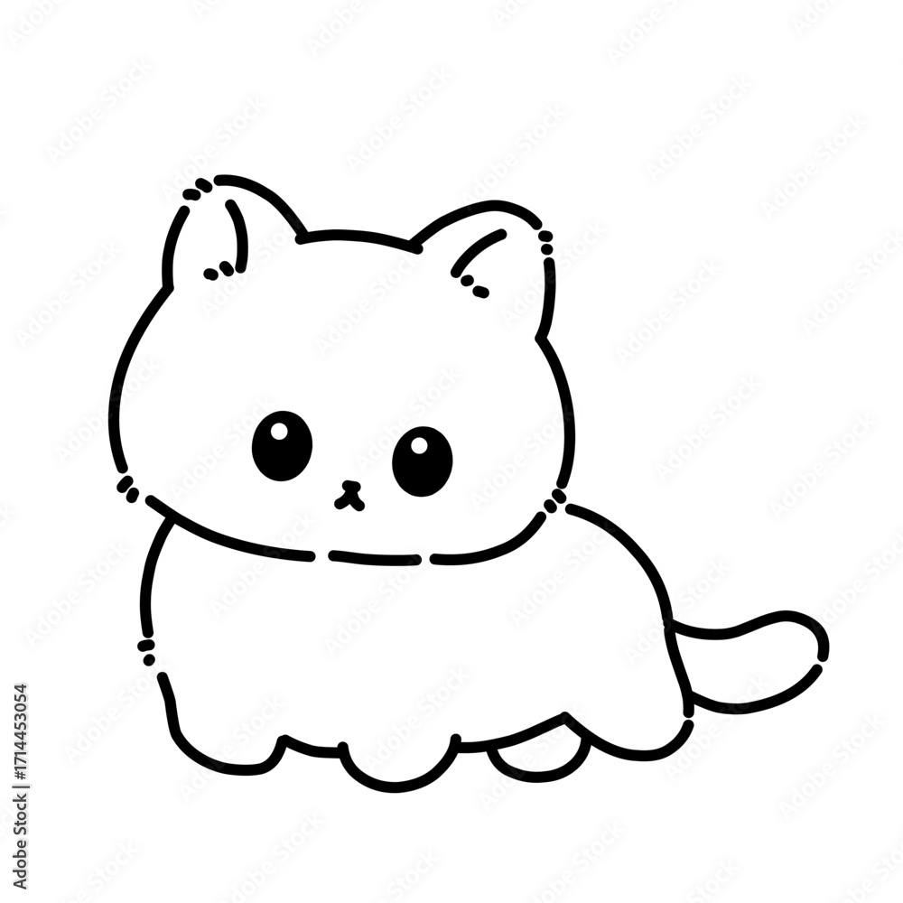 Naklejka premium Cute cartoon kitten with big eyes in kawaii style illustration isolated on white background. Cartoon cat line art outline illustration.