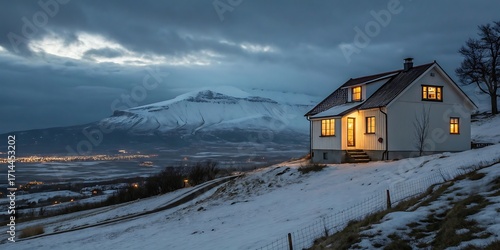 Snow-covered landscape with a lit house on a hill and a distant town at dusk Keywords: house, home, dwelling, residence, building, architecture, winter, snow, snowy, hillside, slope, mountain