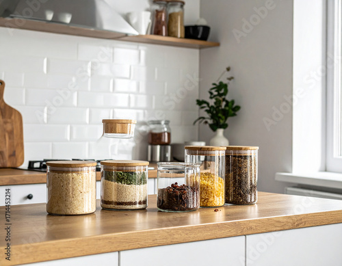 Modern kitchen with glass jars for zero waste, stylish minimal eco design