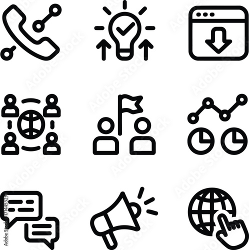 Collection of Business and Marketing Icons Representing Key Concepts Like Communication Strategy and Growth in a Modern Outline Style on White