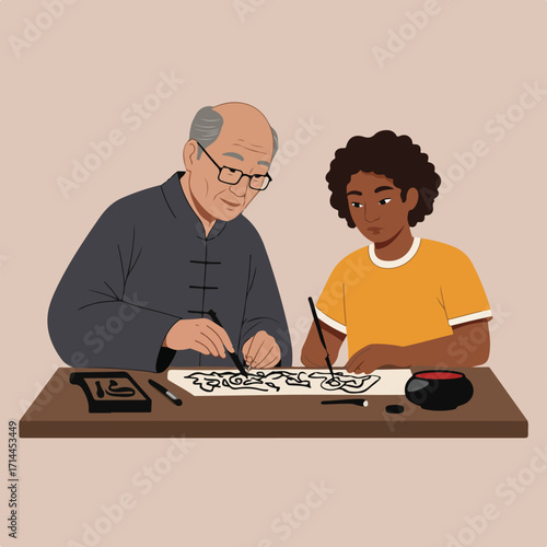 An elder teaches a young adult calligraphy in a brightly lit room with a brown table