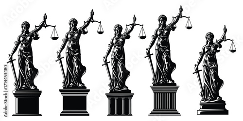 Five Black Silhouette Statues of Lady Justice on Pedestals Keywords: lady justice, law, legal, court, courthouse, blindfolded