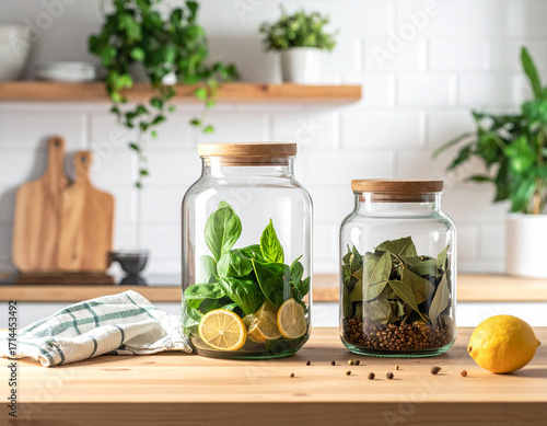 Modern kitchen with glass jars for zero waste, stylish minimal eco design