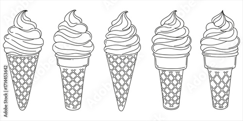 Five Hand Drawn Ice Cream Cones in a Row Outline Illustration waffle cone soft serve
