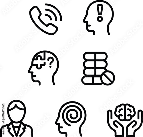 Mental Health Awareness Icons Displaying Mental Processes Treatment Options and Support Systems in Various Forms and Representations for Education or Marketing