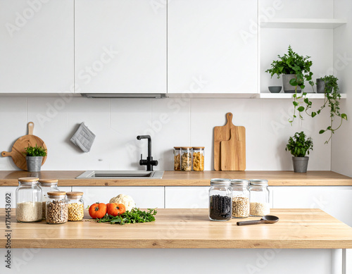 Modern kitchen with glass jars for zero waste, stylish minimal eco design