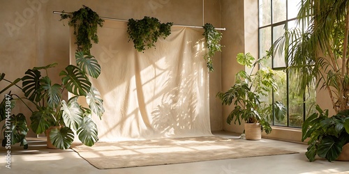 Indoor studio with hanging plants, potted greenery, and a large window with dappled sunlight houseplants