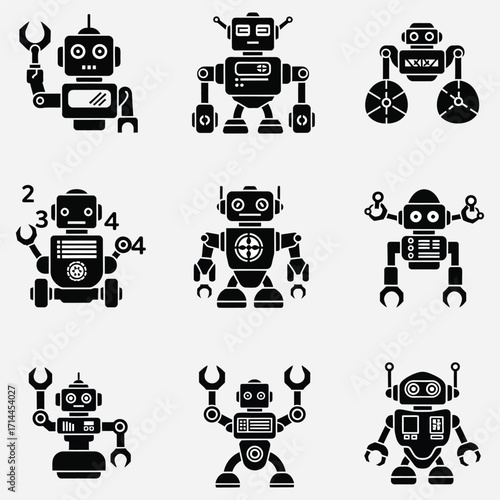 Nine Retro Robot Illustrations Vintage Tech Icons