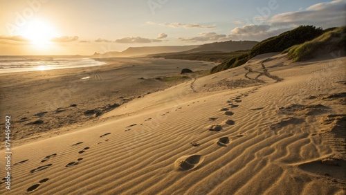 Wind sculpted beach sand ripples with long golden hour shadows and open copy space