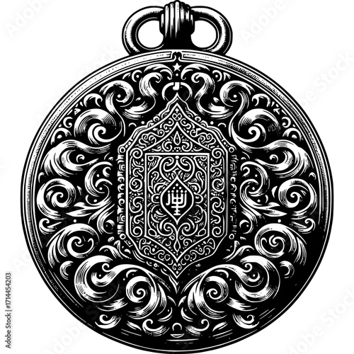 Intricate Medallion: An exquisite, monochrome medallion showcasing elaborate swirling designs and detailed embellishments, highlighting the art of craftsmanship and historical aesthetics. 