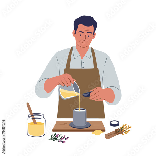 Flat vector illustration of a person in apron making a candle with natural ingredients